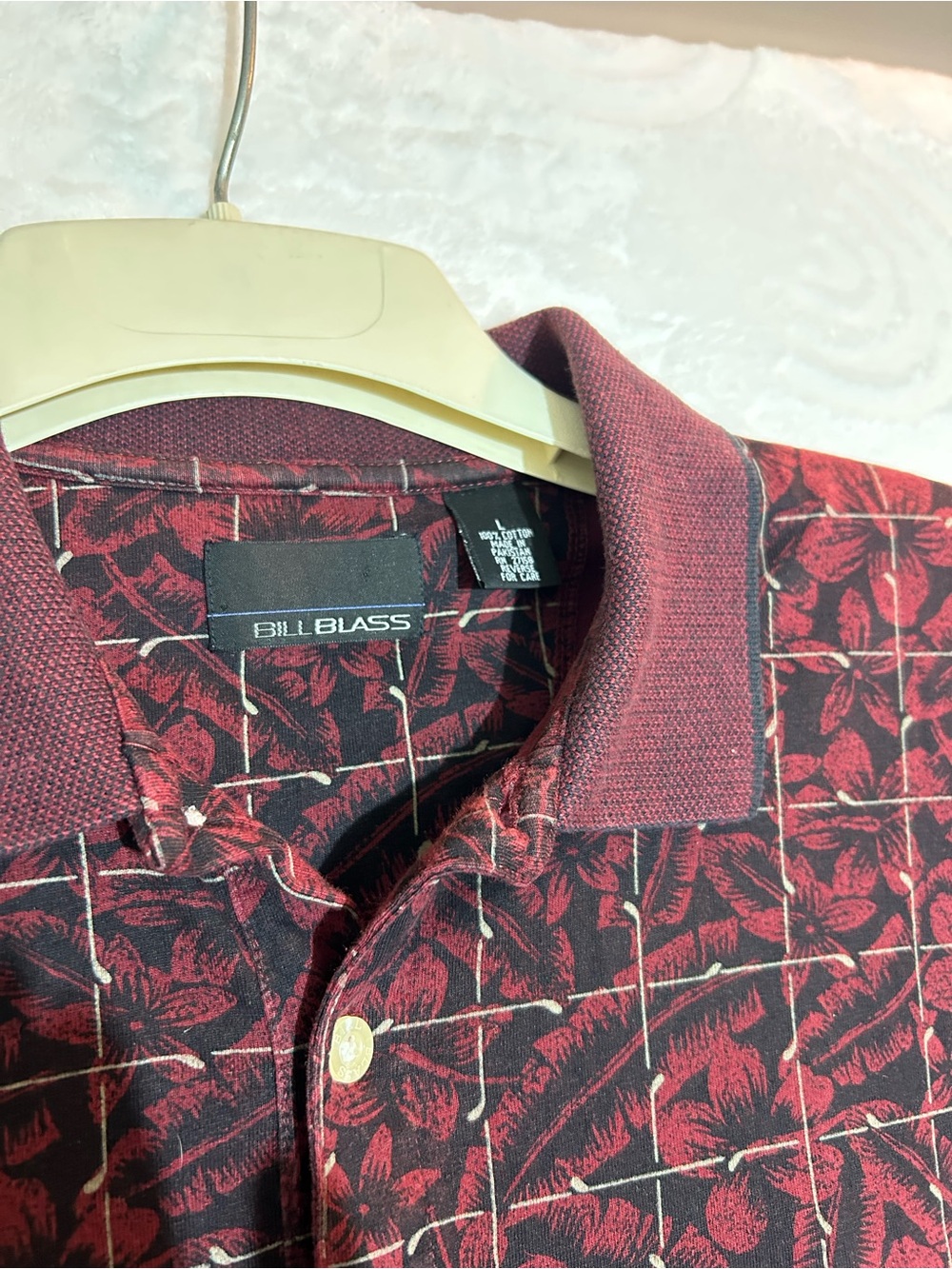 Bill Blass Burgundy and Black Floral Windowpane Polo